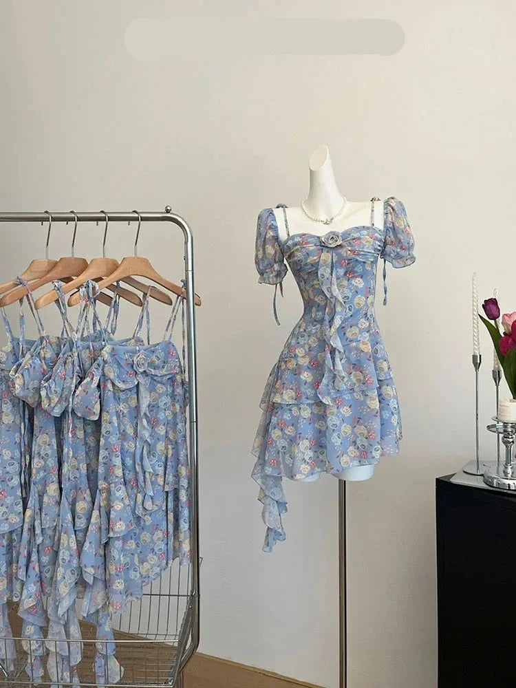 lovwvol Harajuku Sweet Floral Dress Banquet Blue A-Line Dress Romantic Coquette One-Piece Frocks Puff Sleeve Tide Spring Summer