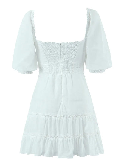 CHIC White Spliced Lace Embroidery Hollow Out Flower Cotton Dress Women Square Collar Puff Sleeve Ruffles Hem Mini Robe