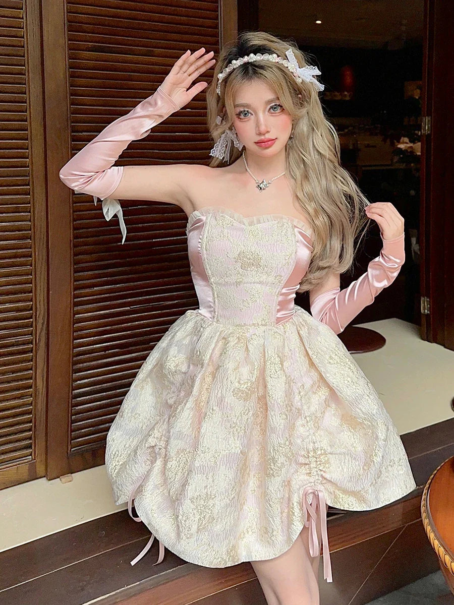 lovwvol Romantic Floral Jacquard Satin Mini Dress Women Medieval Retro Ribbon Arm Sleeves Lace Up Corset Princess Puffy Dress