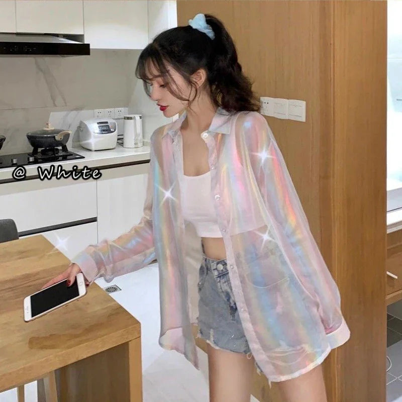 lovwvol Transparent Blouse with Sequins Button Up Shirt Women Y2k Sexy Beauty Sheer Top Night Club Beach Girls Summer Clothes