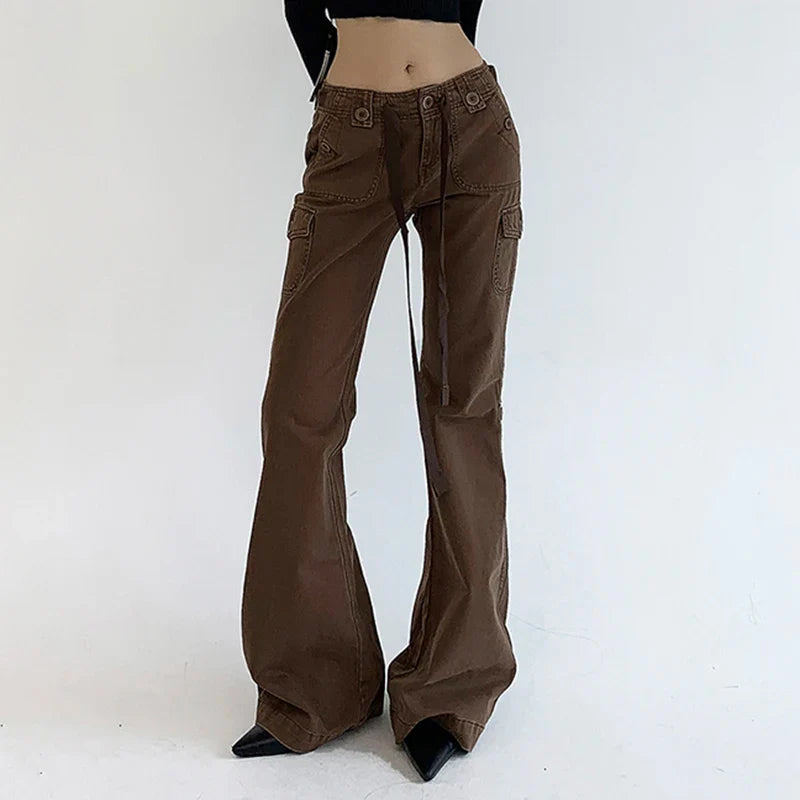 lovwvol Vintage Y2K Chic Brown Low Waisted Flared Jeans Stitched Streetwear Grunge Denim Trousers Korean Boot Cut Pants Slim