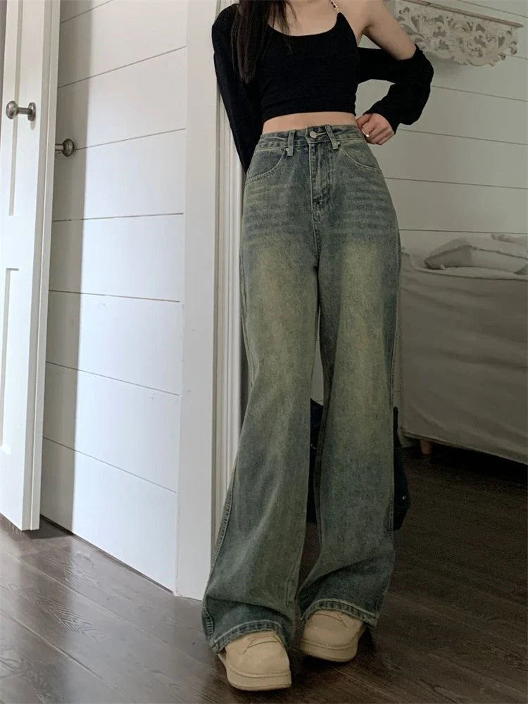 lovwvol Women's Retro Style Straight Jeans Summer Street Vintage Denim Trousers Young Girl Bottoms Female Narrow Cut Wide Leg Pants