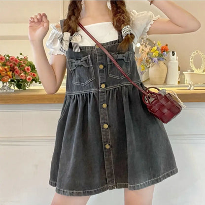 lovwvol Kawaii Strap Denim Short Dress Girls Overalls Summer Fashion High Waist Jeans Clothes Vintage Bow Casual Sleeveless Doll Dresses