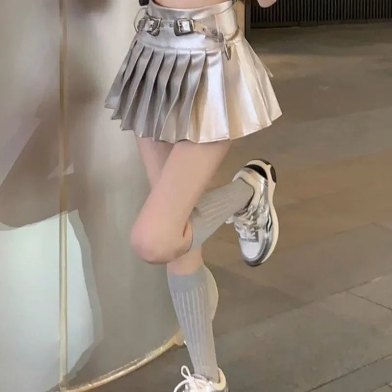 lovwvol  -  High Street Hot Sexy Girl Silver Shiny Short Pleated Skirt Summer A-line PU Leather Skirt with Belt Female Clothes