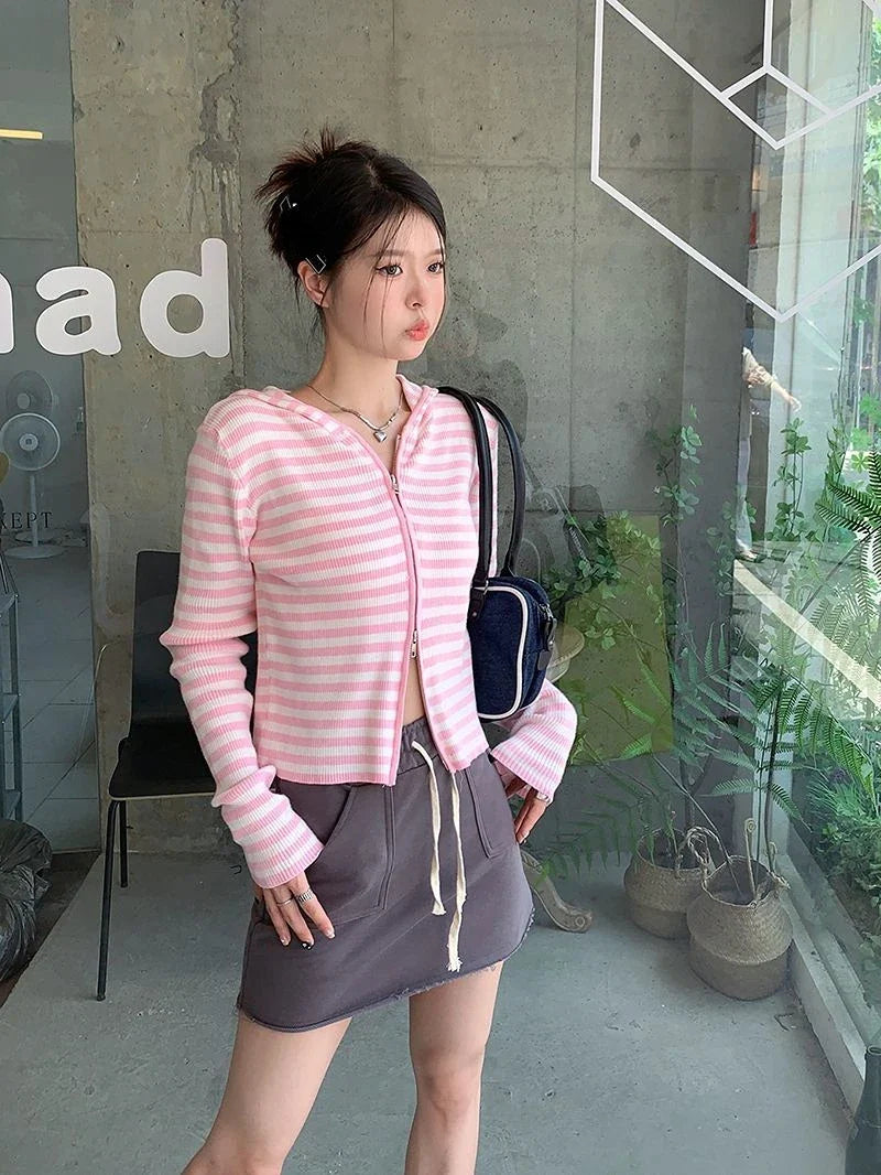 Pink Striped Vintage Y2k Aesthetic Women Cardigan Japanese Knitted Sweater Crop Coat Female Hooded Double Zipper Kardigany