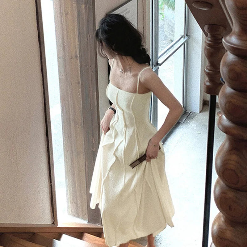 lovwvol Vintage White Spaghetti Strap Casual Midi Dress Summer Sleeveless Elegant Party Fashion Chic Robe Clothes for Women