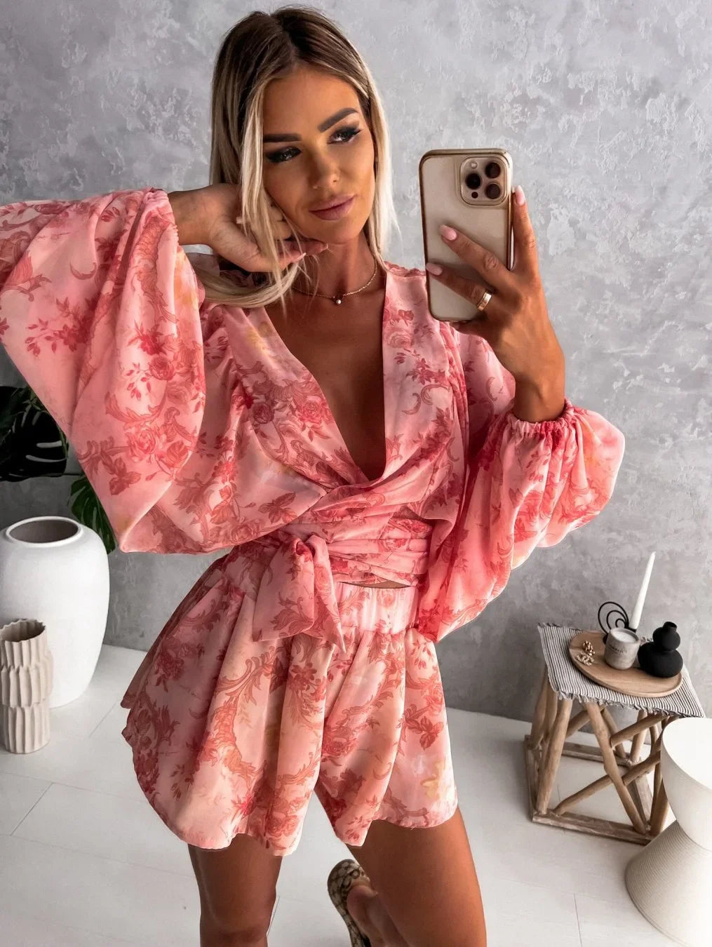 lovwvol  -  Sexy Deep V Neck Jumpsuit For Women Summer Casual Boho Beach Vacation Outfit Female Fashion Print Lantern Sleeve Rompers Shorts