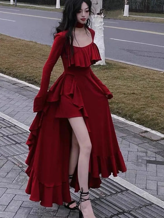 New Spring Red Vintage Elegant Long Sleeve Dresses Women Irregular Ruffles Retro Princess Evening Party Dress Prom Robe