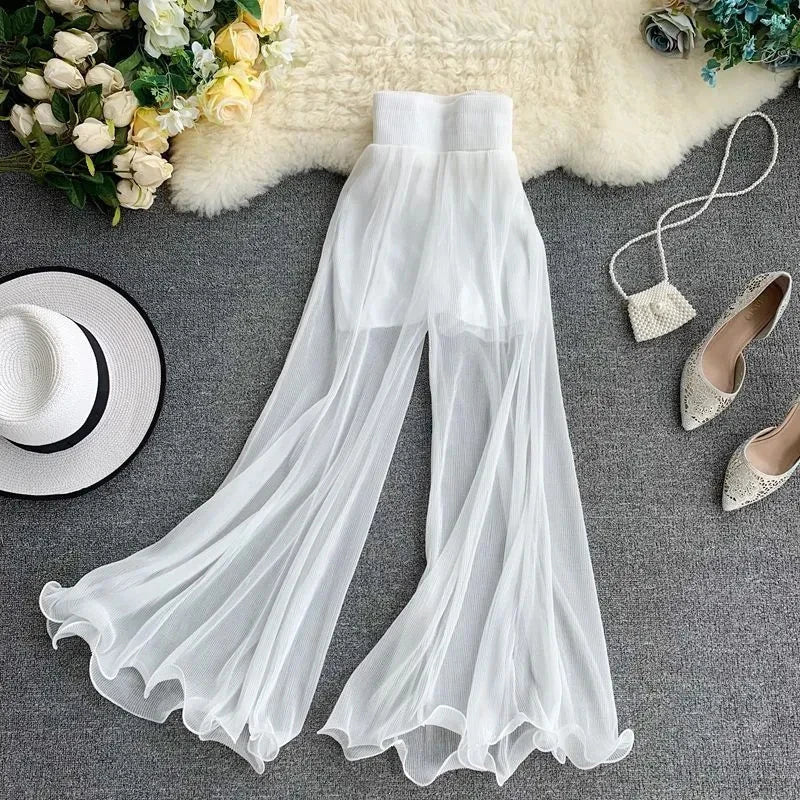 Women Flare Pants Loose Gauze Elastic High Waist Ruffle Chiffon Ladies Trousers Fashion Black White Summer Female Pants New