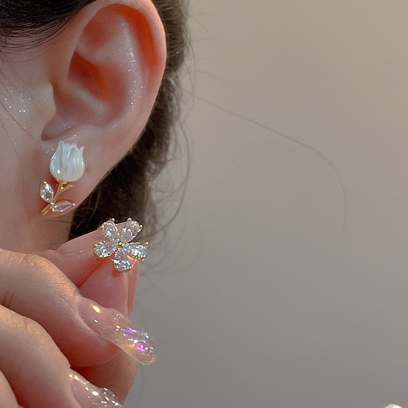 New Luxury Zircon Water Drop Earrings for Women Korean Fashion Rhinestone Opal Flower Geometrical Earring Girl Unusual Jewelry