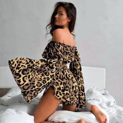 lovwvol  -  Leopard Print Causal Nightwear Shorts Suits Flare Sleeve Cropped Tops And Shorts Two Piece Sets Summer Fall