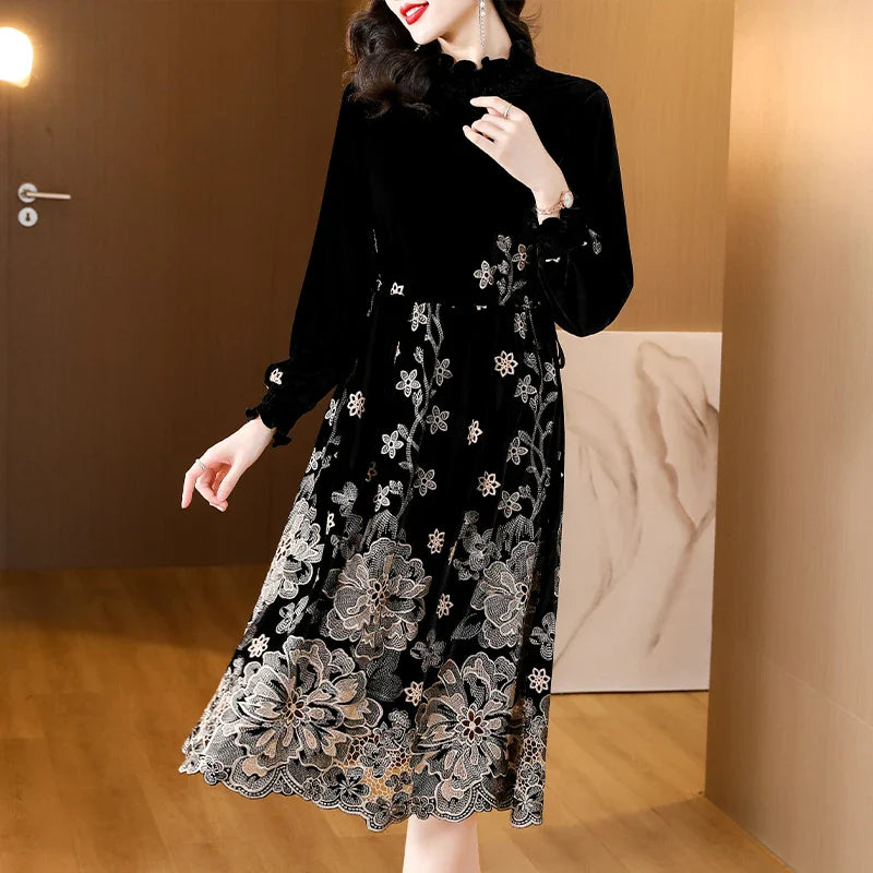 lovwvol Women Luxury Elegant Festival Party Evening Dress Autumn Winter Black Velvet Long Sleeve Loose Dress 2024 Korean Vintage Dresses