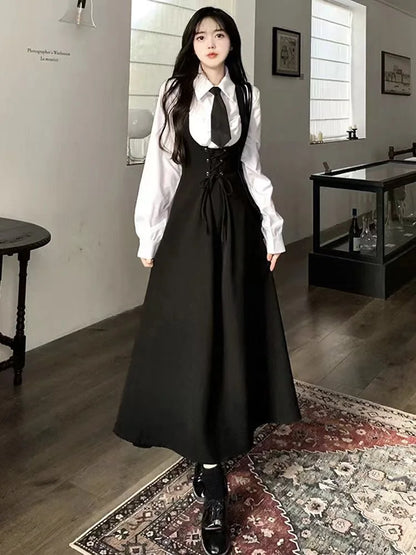 French Hepburn Style Suspender Dress Women's Spring and Autumn New Style All-match Waist Slimming Design Shirt Two-piece Skirt