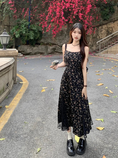 lovwvol   Y2k Vintage Black Mesh Dress Women Korean Reviews Many Dresses Fairy Floral Summer One Piece Midi Slip Chiffon Vestidos