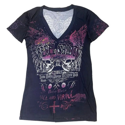 lovwvol  -  Gothic Punk T-shirt Women Y2k Aesthetics V Neck Slim Tops Summer Harajuku Fairy Grunge Streetwear Vintage Tshirt Camisetas Tees