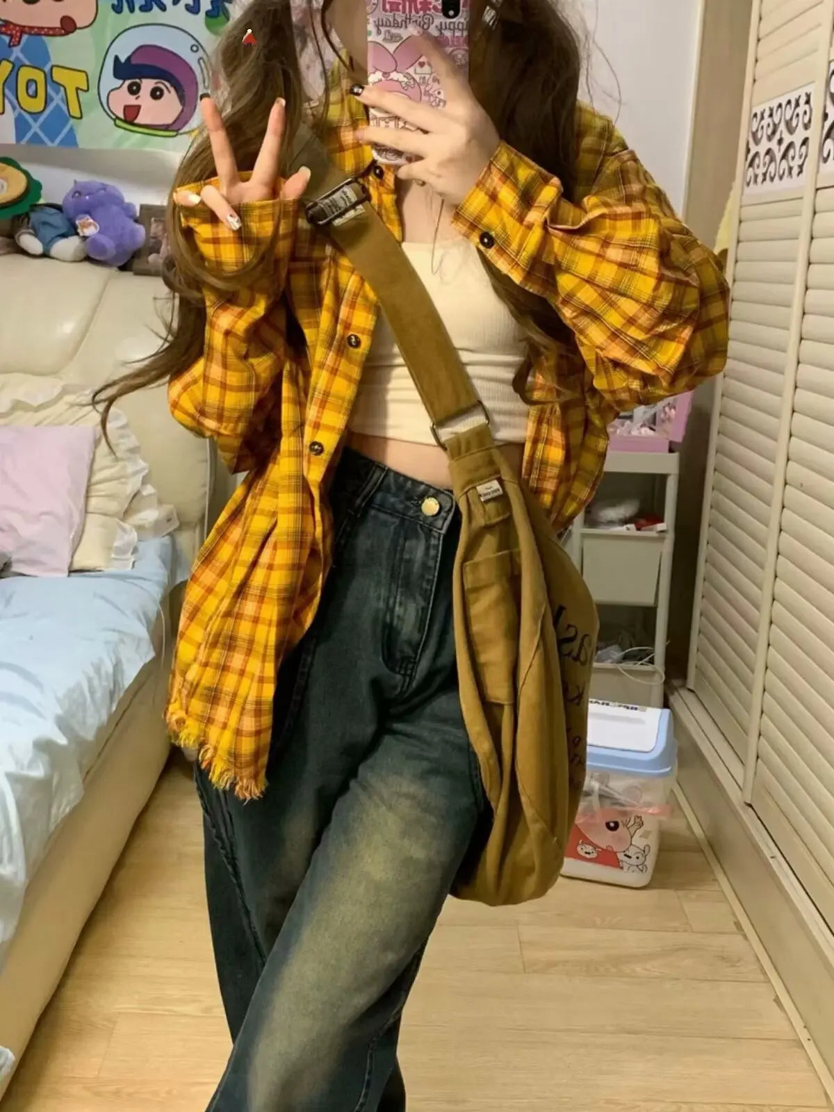 lovwvol Y2K Autumn/Winter Shirt Coat Yellow Plaid Pattern all Matching Simple Fashion Coat Slim Coat Women's Top Trend Millennial Coat