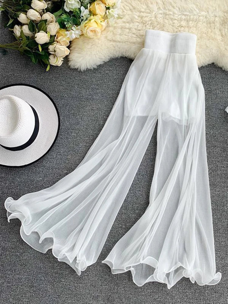 Women Flare Pants Loose Gauze Elastic High Waist Ruffle Chiffon Ladies Trousers Fashion Black White Summer Female Pants New