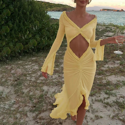 Elegant Hollow Out See Through Women Sexy Long Sleeve Solid Maxi Dress Spring Sexy Ruched Beach Holiday Dresses