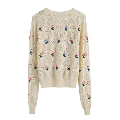 lovwvol Spring Women Flowers Embroidery Jumpers Fashion Knitting Sweater Female Chic Basic O Neck Long Sleeve Pullovers Tops