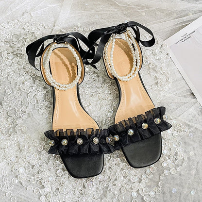 lovwvol New low-heeled women's sandals for summer 2023 Black square toe pearl casual shoes designed by fashion brand