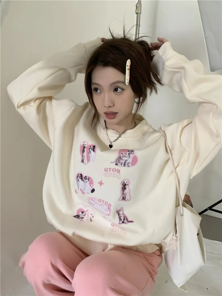 Cute Hoodies Women Letter Dog Print Sudaderas Mujer O-neck Sweatshirt Harajuku Streetwear Y2k Pullover Moletom Feminino