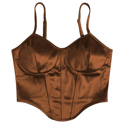 lovwvol Summer Women 90s style Silk brown V Neck Spaghetti Straps Corset Top Sleeveless Slim Sexy Backless Crop Cami Top 2000s