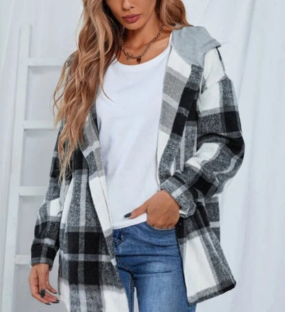 lovwvol     Vintage Plaid Jacket Womens Wool Blend Coats Hoodies Streetwear Flannel Hooded Woolen Za Woman Overshirt Oversized Shirts