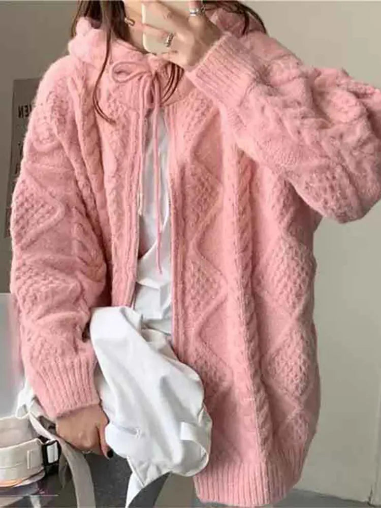 Cyflymder Korean Fashion Knit Cardigan Women Autumn Winter Casual Loose Zipper Hooded Thick Sweater Coat Long Sleeve Pink Top