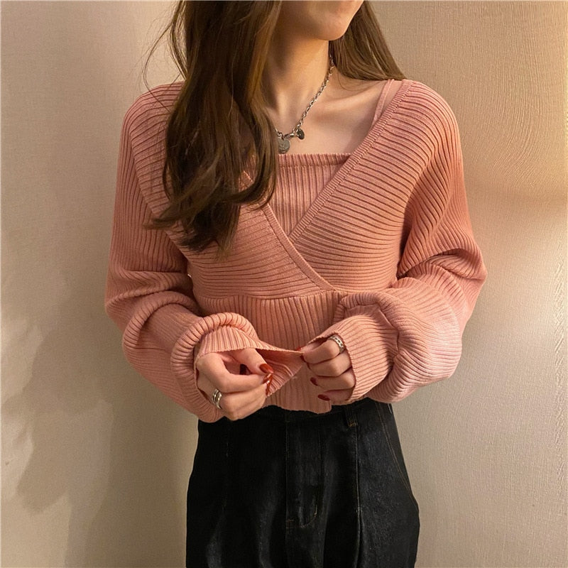 lovwvol lovwvol Autumn Korean Style Sweater Women Fashion Casual Knit Sweater Vest Top Two Piece Set Female Outer Wear Pullover Sweater