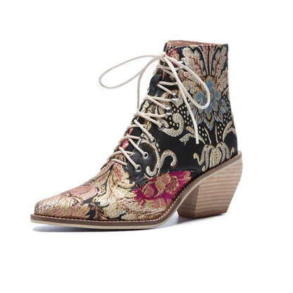 lovwvol HOT sale Women ankle boots plus size 22-26.5cm Chinese style embroidered flowers lace-up booties tapered heel women boots