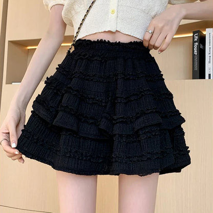 lovwvol Sweet Cute Lace Mini Skirt Women Kawaii White Ruffles Pleated Skirts Summer Korean High Waist Black Casual A Line Skirt