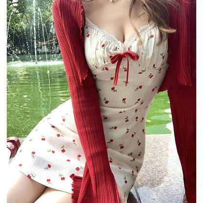 Sweet 2 Piece Dress Set Woman Red Long Sleeve Cardigan + Strap Floral Y2k Mini Dress Party Korean Fashion Suit Spring