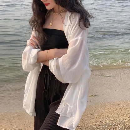 lovwvol White Chiffon Blouses Casual Elegant Sexy Oversized See Through Top Korean Fashion Puff Sleeve Shirts Beach Cover Up