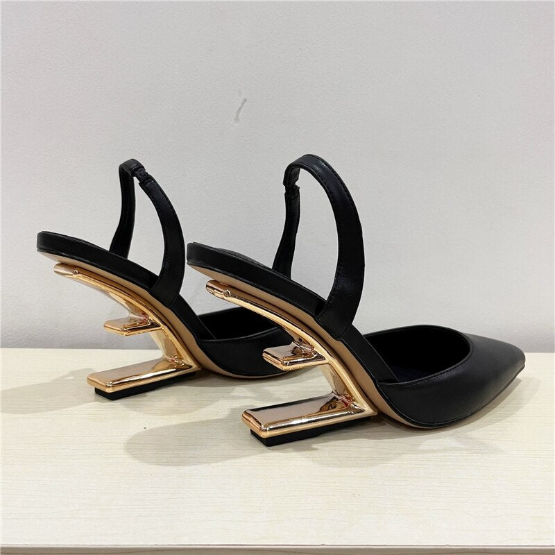 Black Women Pumps Pointed Toe High Heels Letter Strange Heel Slingback Dress Shoes  New Gladiator Sandals Female Wedges