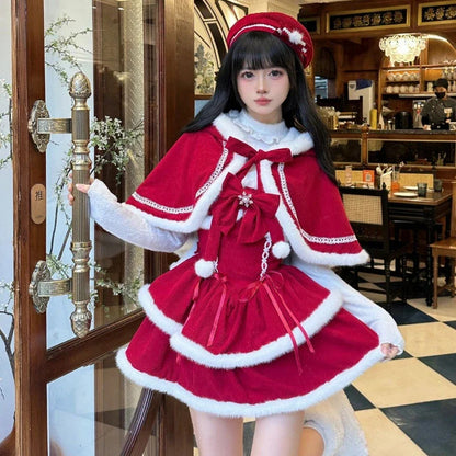 lovwvol  -  Japanese Kawaii Lolita Dress Sets Women Hooded Shawl Short Jackets Bow Mini Skirt Korean Style Sweet Red Christmas New Year Suit