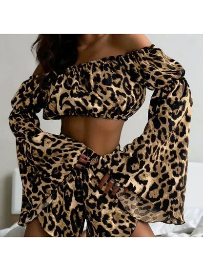 lovwvol  -  Leopard Print Causal Nightwear Shorts Suits Flare Sleeve Cropped Tops And Shorts Two Piece Sets Summer Fall