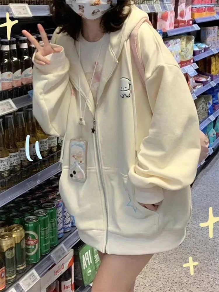 lovwvol  Harajuku Kawaii Pink Zip Up Hoodie Women Japanese Y2K Sweet Cute Beige Fleece Sweatshirts Korean Style Girly Hooded Jacket