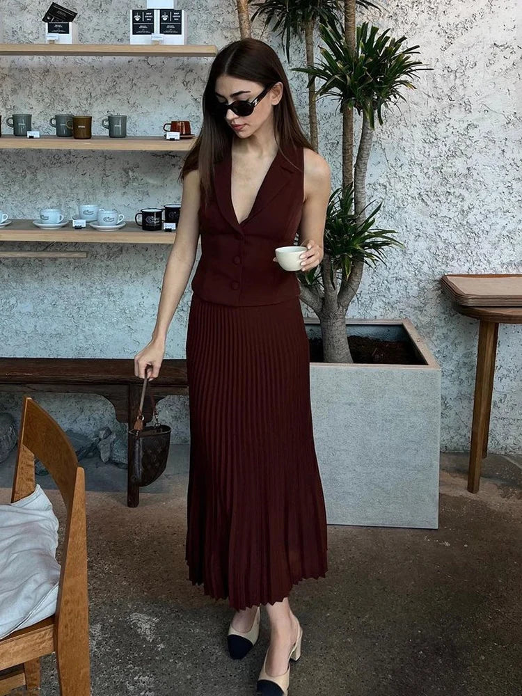 lovwvol - Folds Long Skirt Two Pieces Set Women's Notched Sleeveless Short Vest Top High Waist Solid Maxi Skirt Fashion Sets 2024