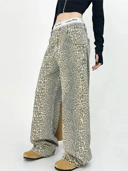 lovwvol   Leopard Jeans Women Denim Pants Female Oversize Wide Leg Trousers Streetwear Hip Hop Vintage Clothes Loose Casual