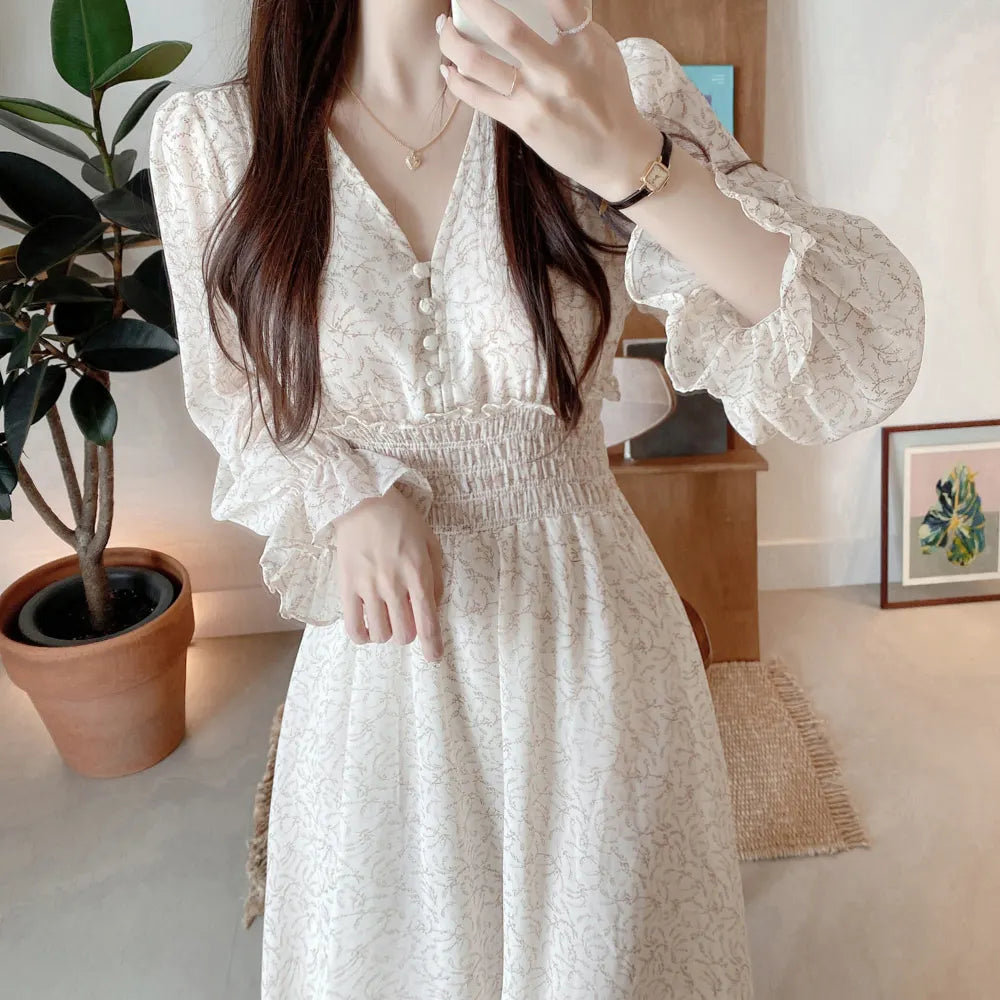 lovwvol Vintage French Style Floral Print V-neck Chiffon Robe Female Pleated Slim Waist Chiffon Dress Women Clothing Autumn  Vestido