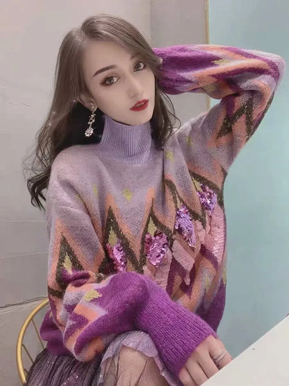 lovwvol Purple Sequin Embroidery Lazy Sweaters Women Vintage Long Sleeve Turtleneck Autumn Winter Knitted Pullover Warm Jumper