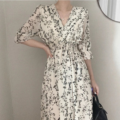 lovwvol Vintage Korea Fashion Clothing Summer Slim Elastic Waist A Line V Neck Elegant Office Lady Floral Chic Chiffon Long Dress Retro