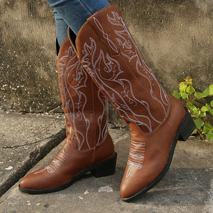 Chunky Heels Western Cowgirl Boots Women 2023 Autumn Retro Embroidered Mid Calf Boots Woman Plus Size 43 Pu Leather Cowboy Botas