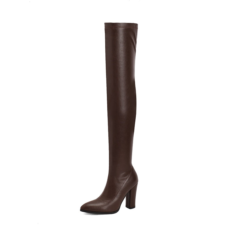 Sexy Thigh High Boots Women Autumn Winter Elastic Leather Over-the-knee Boots For Women Black Heels Fetish Long Shoes Large Size