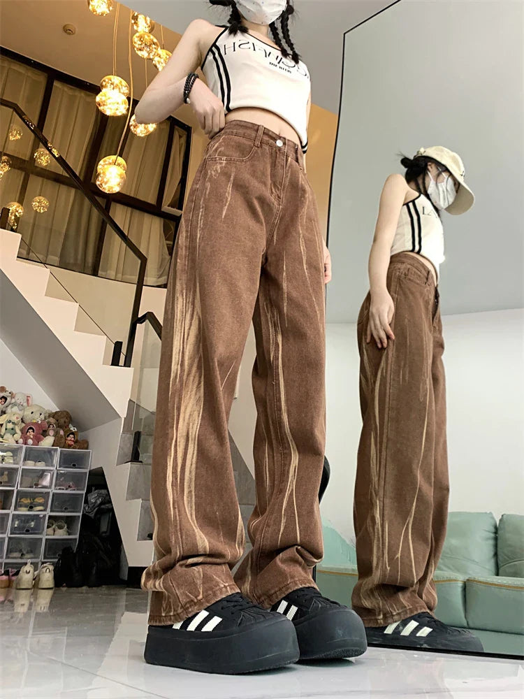 lovwvol Women's Vertical Tie Dyed Brown Thin Jeans Young Girl Summer New Bottoms Casual Trousers Female Straight Narrow Cut Pants