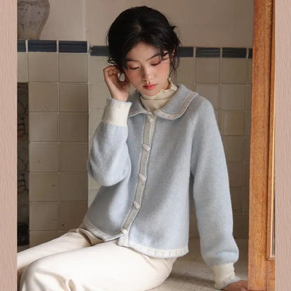 lovwvol Milk Blue Horn Button Cardigan Women Winter Temperament Sweater New Loose Lazy Gentle Doll Collar Knitwears Coat