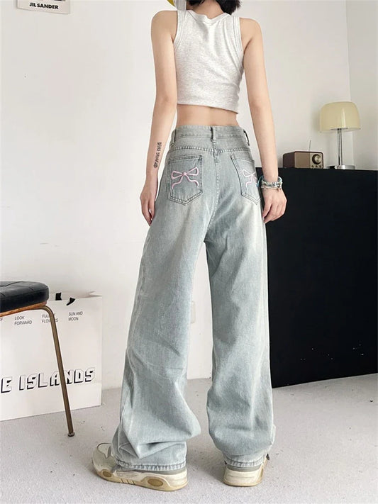 lovwvol Women's Bow Embroidered Thin Jeans Street Summer New Trousers Young Girl Street Bottoms Female High Waisted Denim Pants