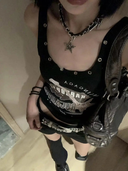 lovwvol Vintage Punk Rock Camisole for Women Gyaru Y2k Streetwear Summer Sexy Black Tank Tops Hip Hop Style Gothic Cropped Tops