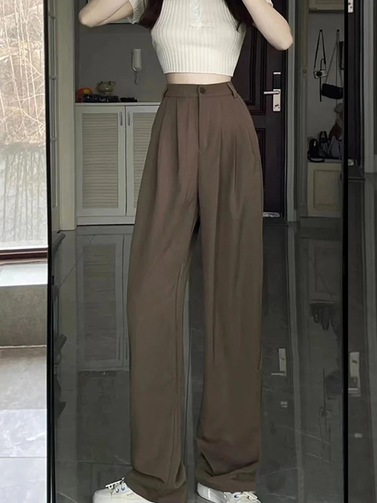 Coffee Colored Wide Leg Pants For Women's Spring And Autumn High Waisted Draped Straight Suit Pants Versatile