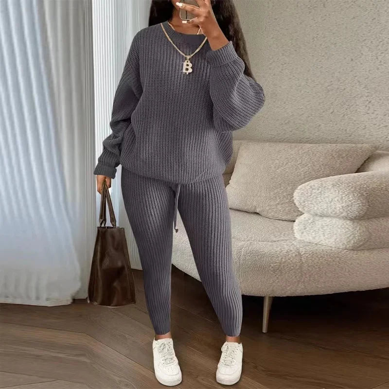 lovwvol  -  Winter Two Piece Sets Women Clothing Autumn Fashion Casual Solid Round Neck Pullover Loose Pit Knitted Sweater Pants Suits